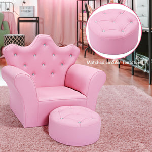 Pink children's chair with matching ottoman on a carpeted floor.