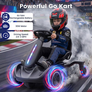 A child wearing a racing suit and helmet drives a black go-kart on a racetrack. The kart has glowing multicolor LED wheel lights and a vertical light bar.