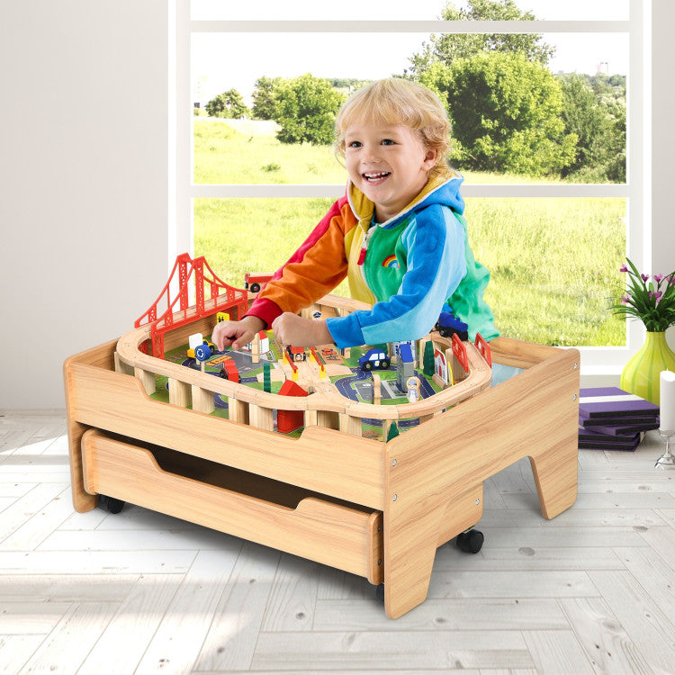 Children's 100-Piece Wooden Railway Set with Table and Storage Drawers