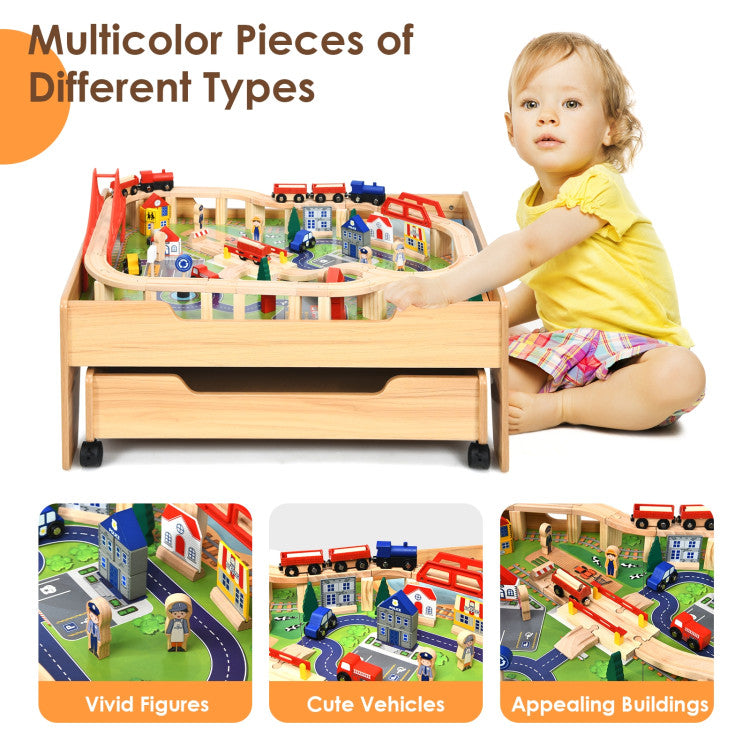 Children's 100-Piece Wooden Railway Set with Table and Storage Drawers