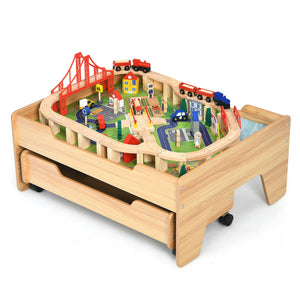 Children's 100-Piece Wooden Railway Set with Table and Storage Drawers