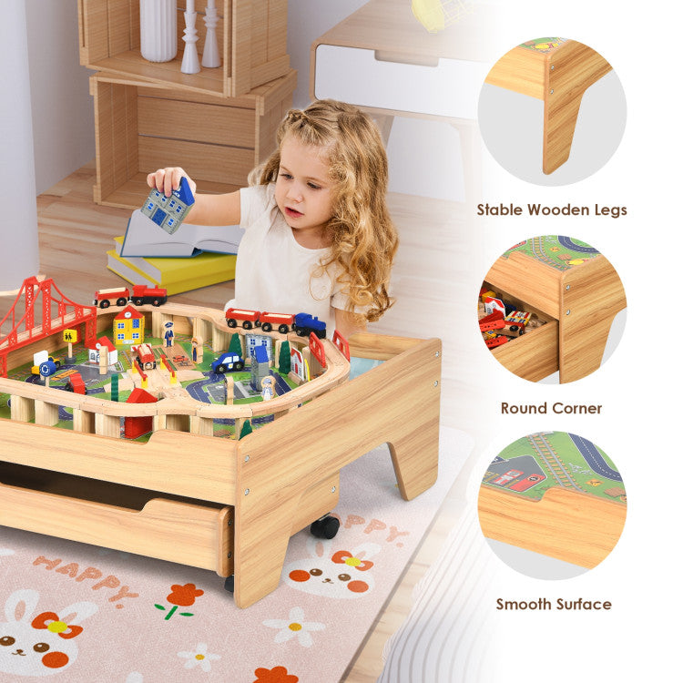 Children's 100-Piece Wooden Railway Set with Table and Storage Drawers