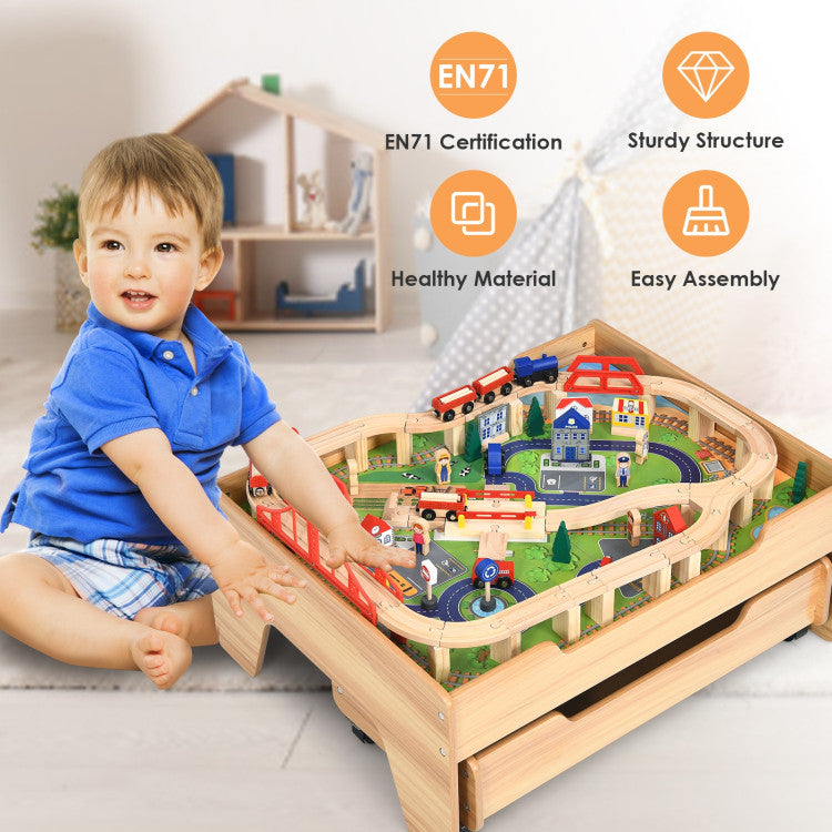 Children's 100-Piece Wooden Railway Set with Table and Storage Drawers