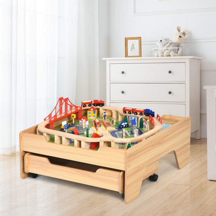 Children's 100-Piece Wooden Railway Set with Table and Storage Drawers