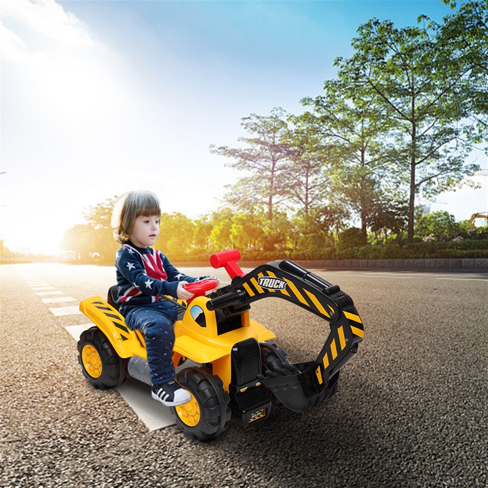 Children's Construction Excavator Toy Car, Outdoor Digger Scooper Tractor Toy W/Safety Helmet, Rocks, Horn, Underneath Storage, Moving Forward/Backward, Pretend Play Ride On Truck