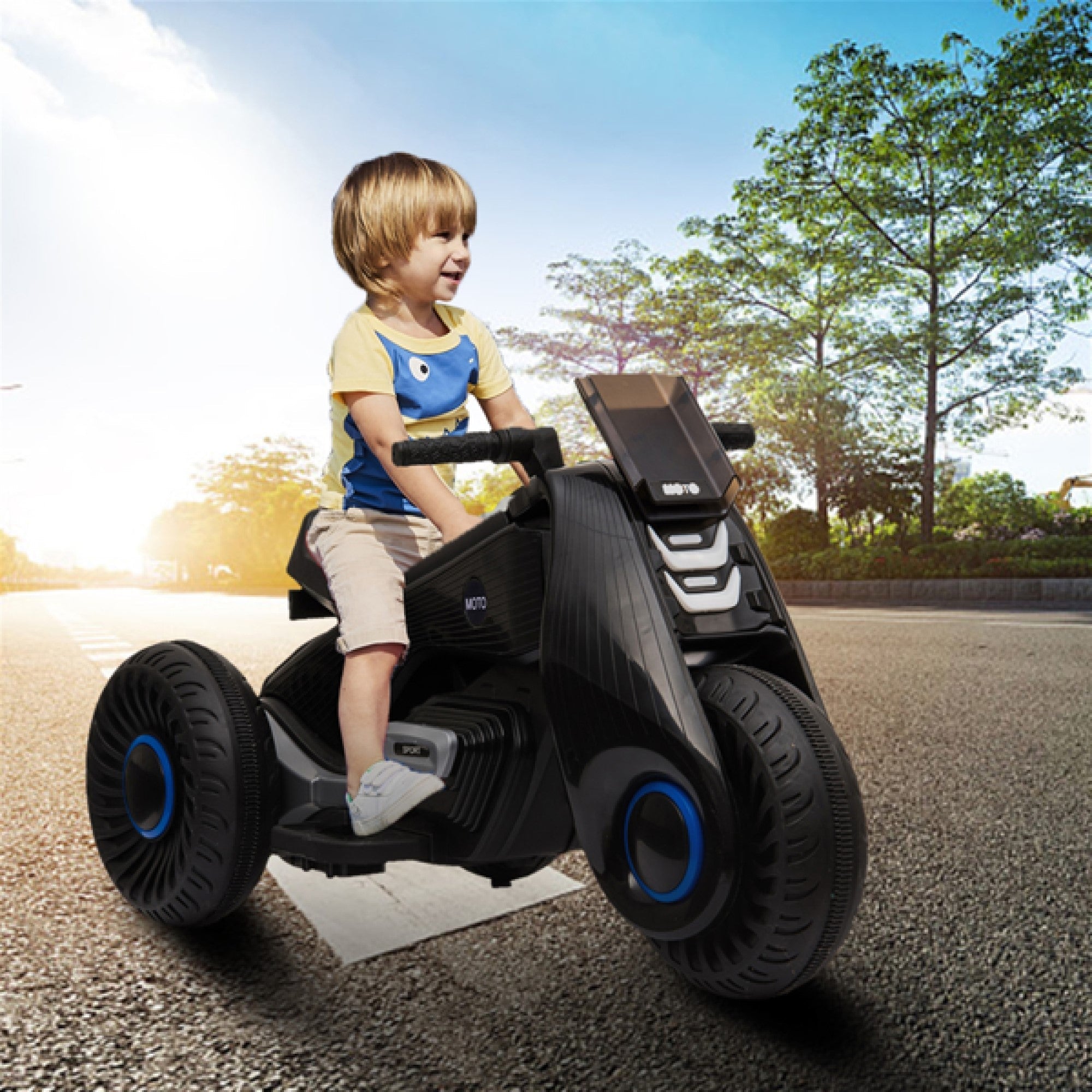 Children's Battery Powered 6V Electric Motorcycle 3 Wheels Double Drive, USB, Playback Music Functions, Black