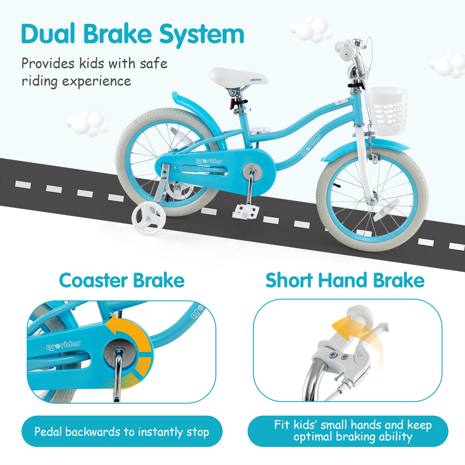 Blue children's bicycle with dual brake system on a road graphic