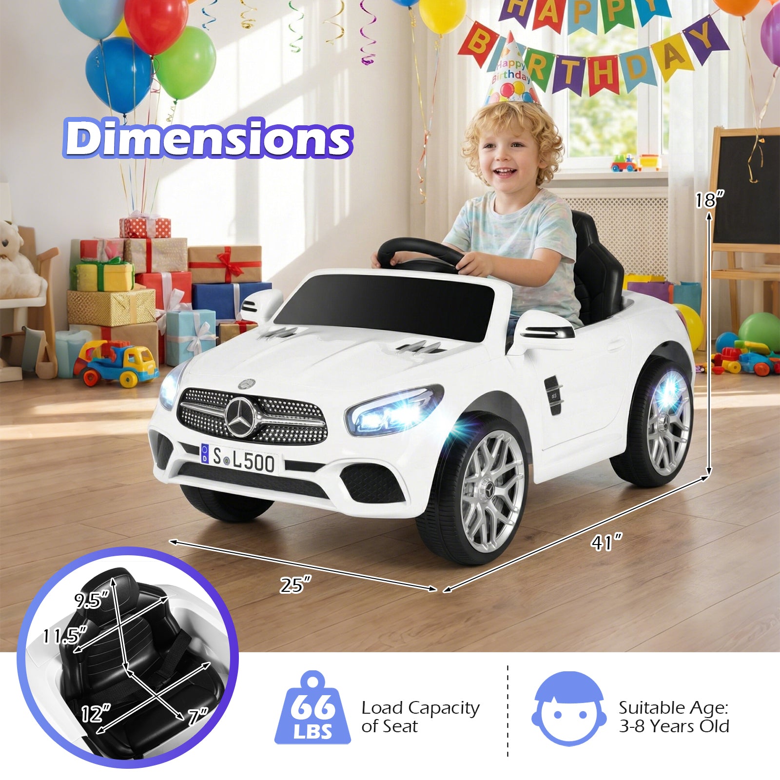 Child playing with a toy car in a room decorated for a birthday party, with dimensions displayed.
