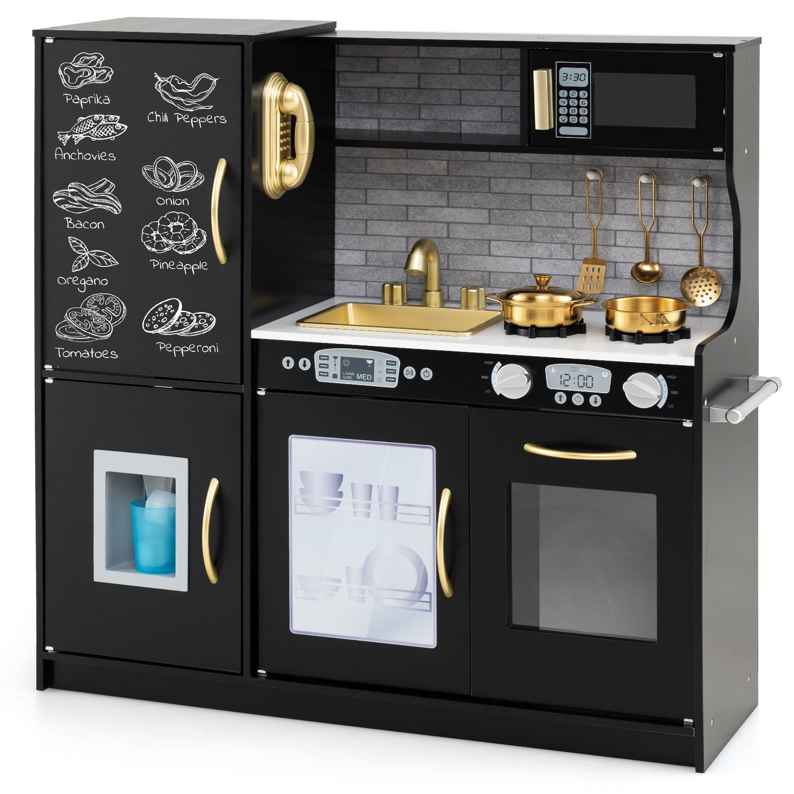 Toddler kitchen with realistic stove burners and clicking knobs