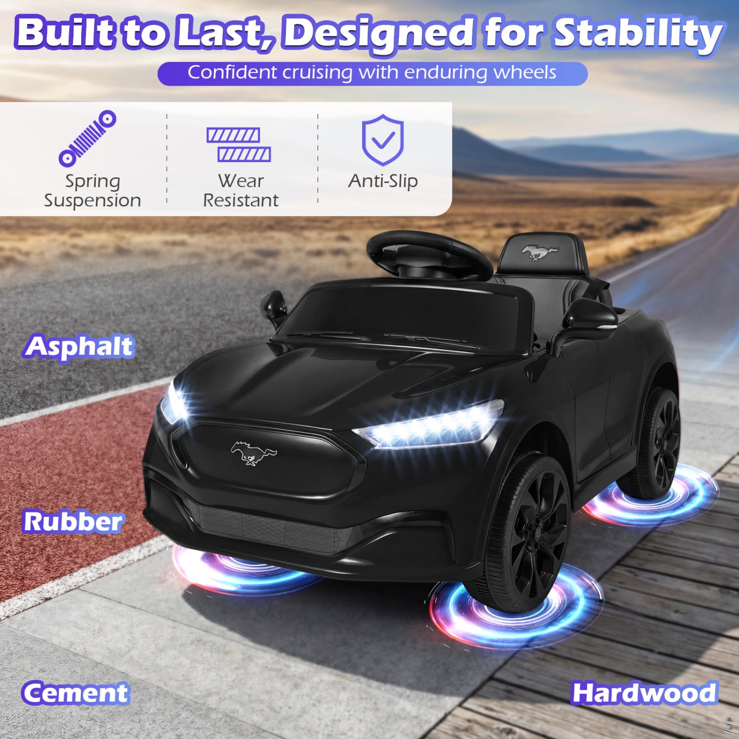 Black toy car with glowing wheels on a road surface, featuring text about durability and features.