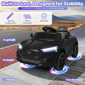 Black toy car with glowing wheels on a road surface, featuring text about durability and features.