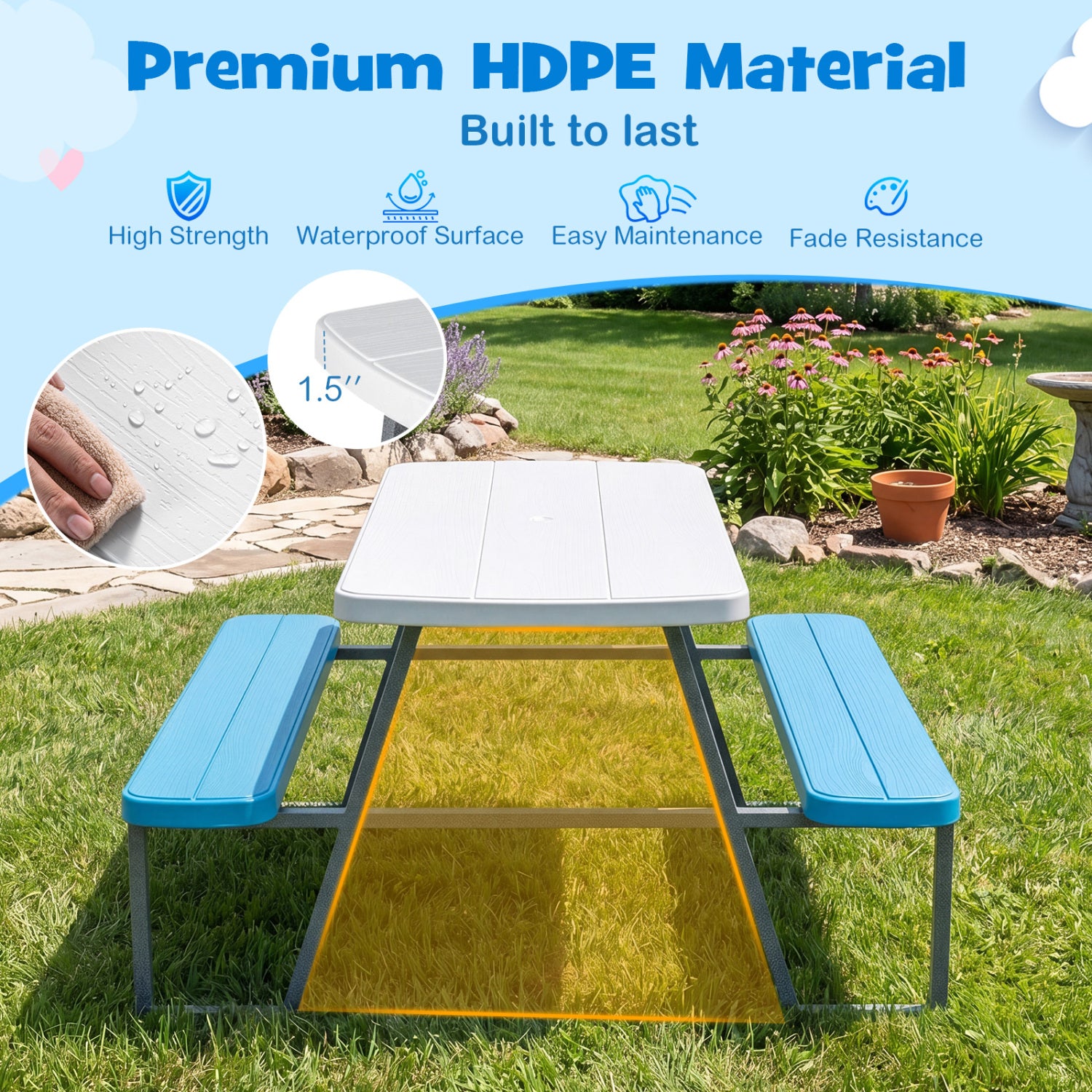 Picnic table with blue benches on grass, featuring premium HDPE material text and images.