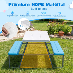 Picnic table with blue benches on grass, featuring premium HDPE material text and images.