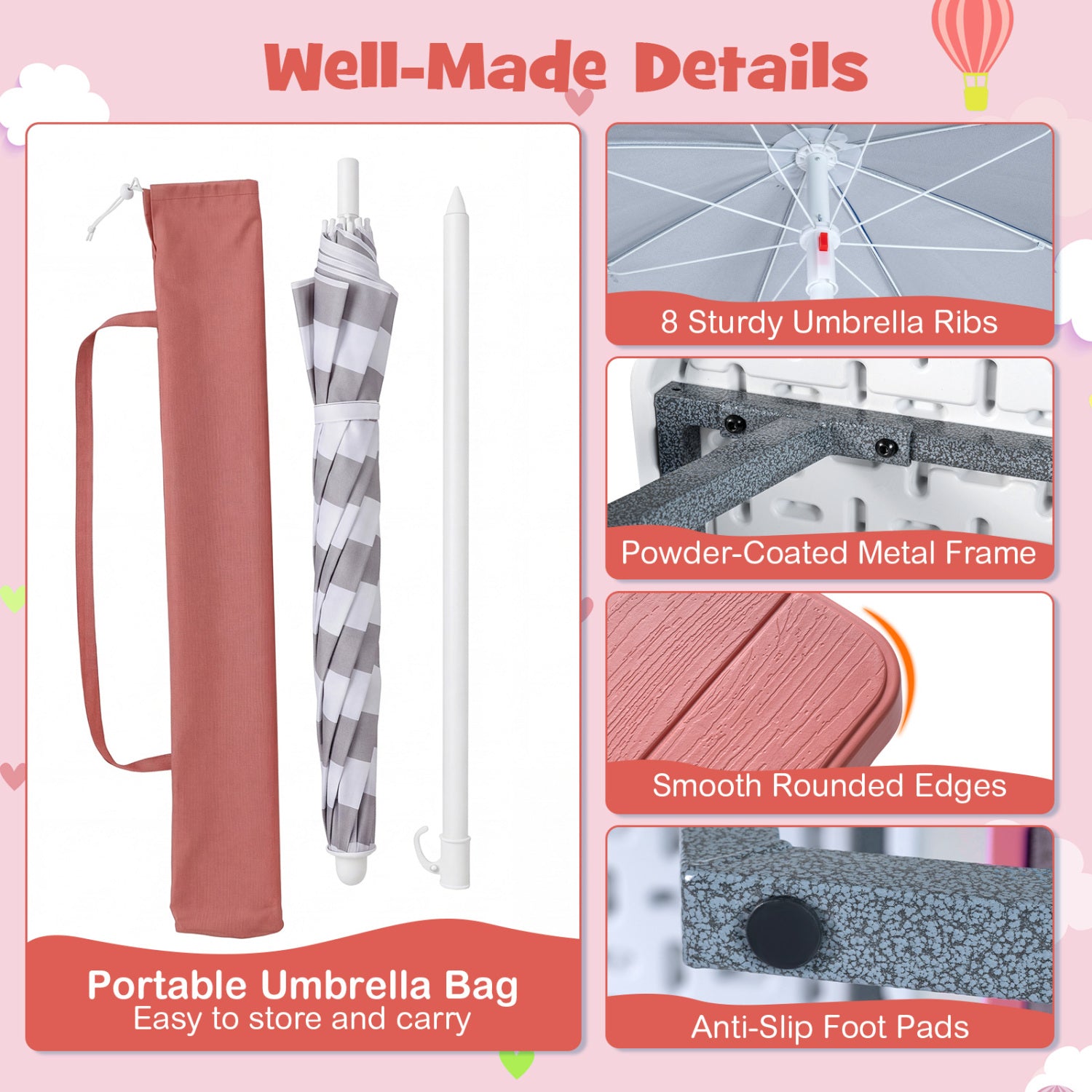 Collage of an umbrella with features highlighted on a pink background