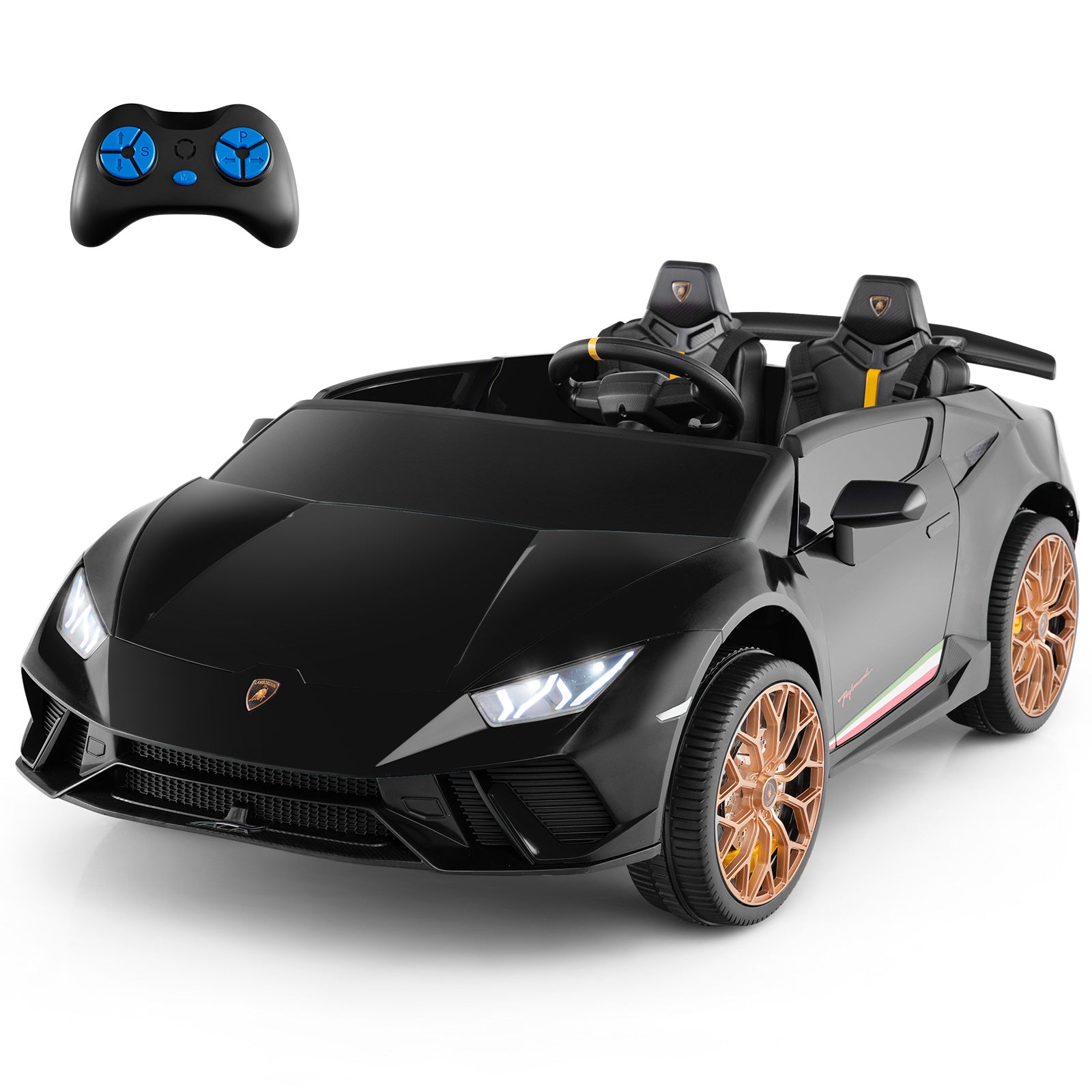 Black and gray toy car with gold wheels and a remote control on a white background