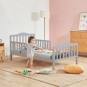 Classic Wood Toddler Bed Frame with Safety Guardrails – Sturdy Design for Kids' Comfort