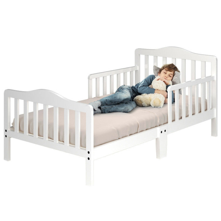 Classic Wood Toddler Bed Frame with Safety Guardrails – Sturdy Design for Kids' Comfort