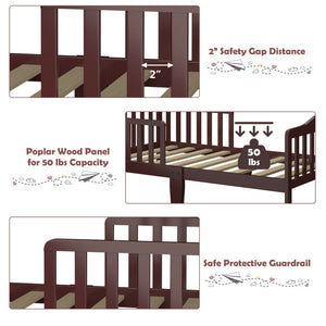 Classic Wood Toddler Bed Frame with Safety Guardrails – Sturdy Design for Kids' Comfort