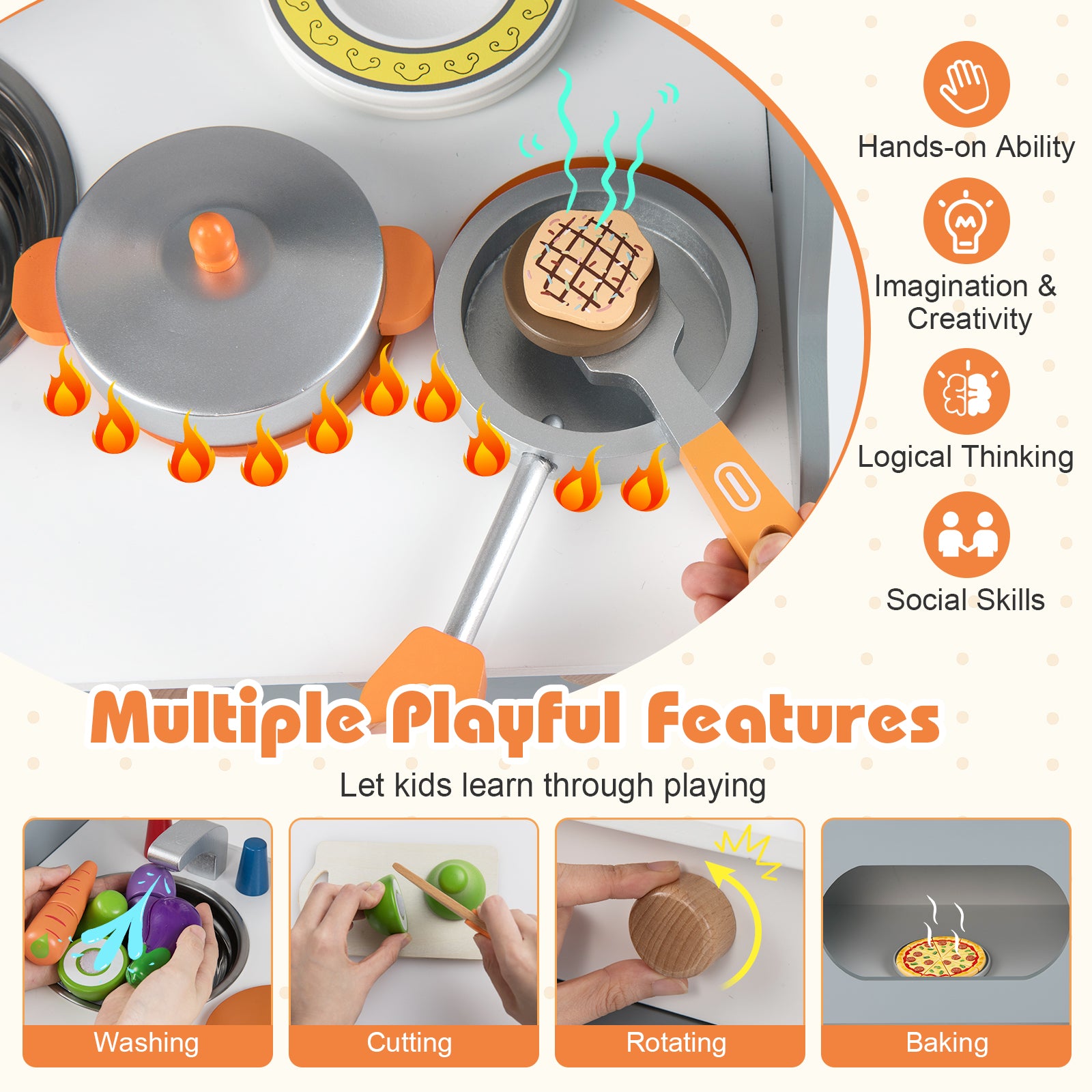 Play kitchen set with toy stove, oven, and accessories on a white background.