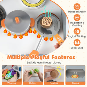 Play kitchen set with toy stove, oven, and accessories on a white background.