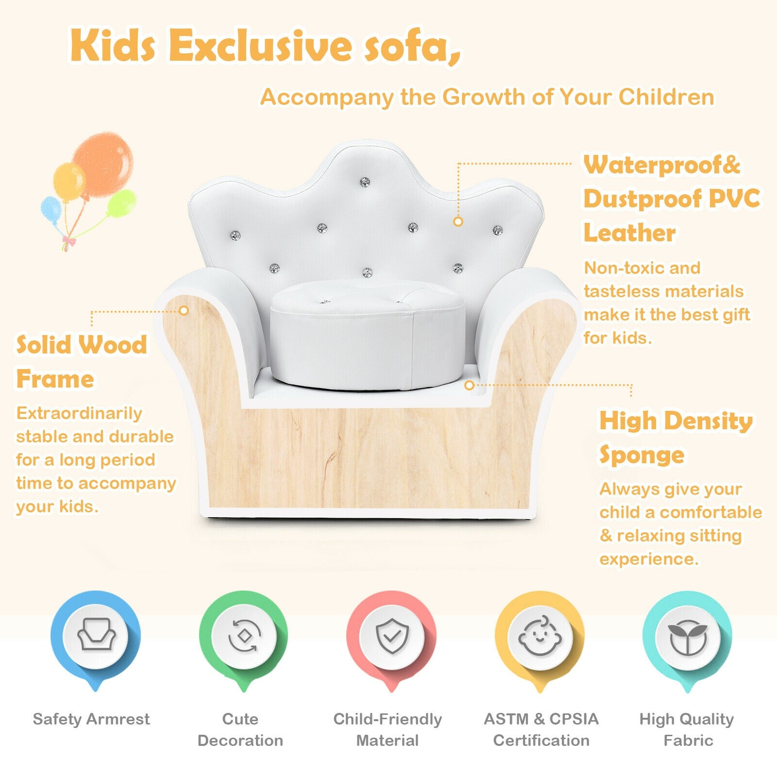 Children's sofa with features highlighted on a light background