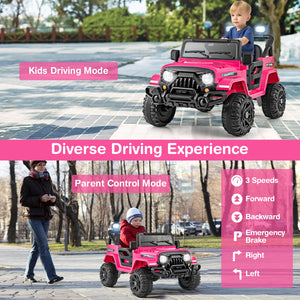 Pink toy car with child and adult, labeled 'Kids Driving Mode' and 'Parent Control Mode'.