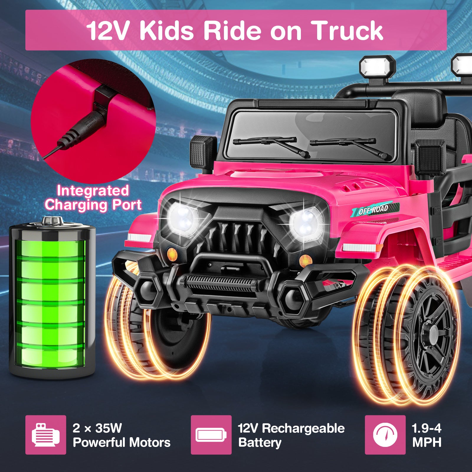 Pink kids ride-on truck with charging port and battery display on a blue background