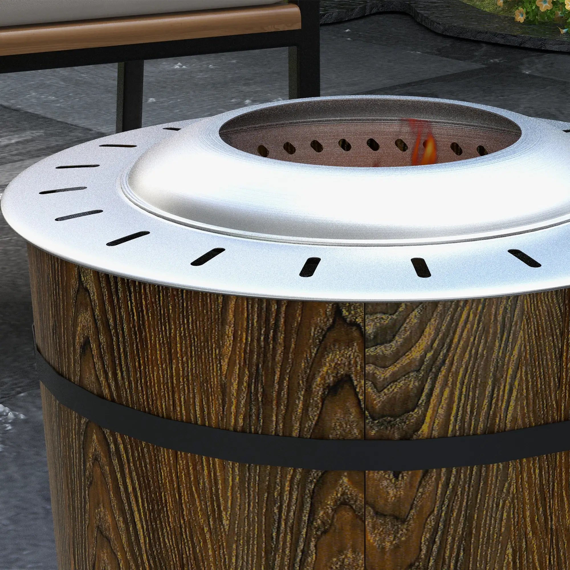 Wooden fire pit with metal top on a patio