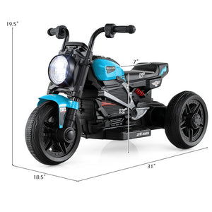 Children's toy motorcycle with dimensions on a white background