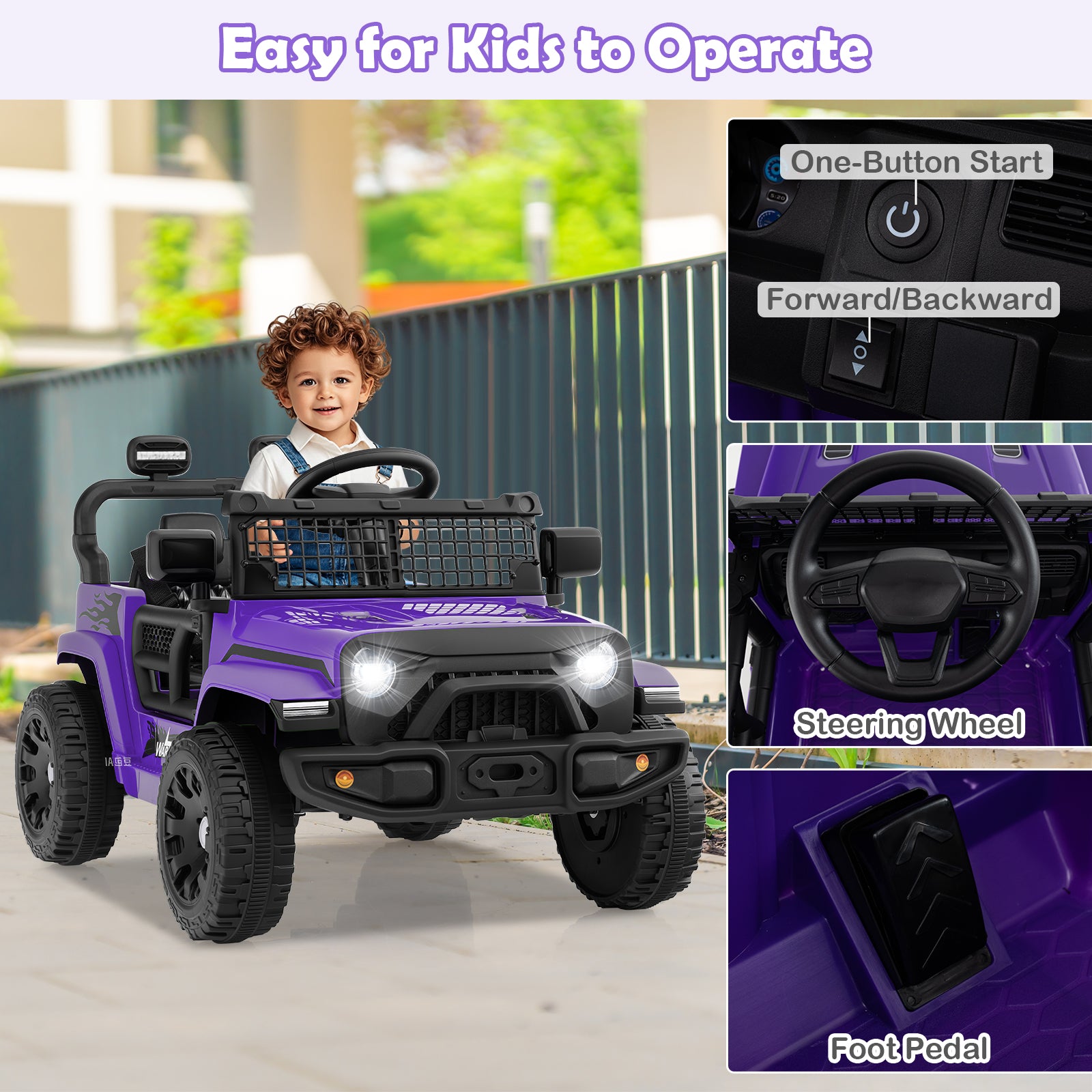 Purple toy jeep with a child, highlighting features like steering wheel and foot pedal, with text 'Easy for Kids to Operate'.