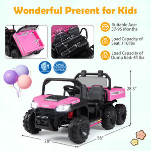 Pink toy truck with specifications and safety certifications on a white background