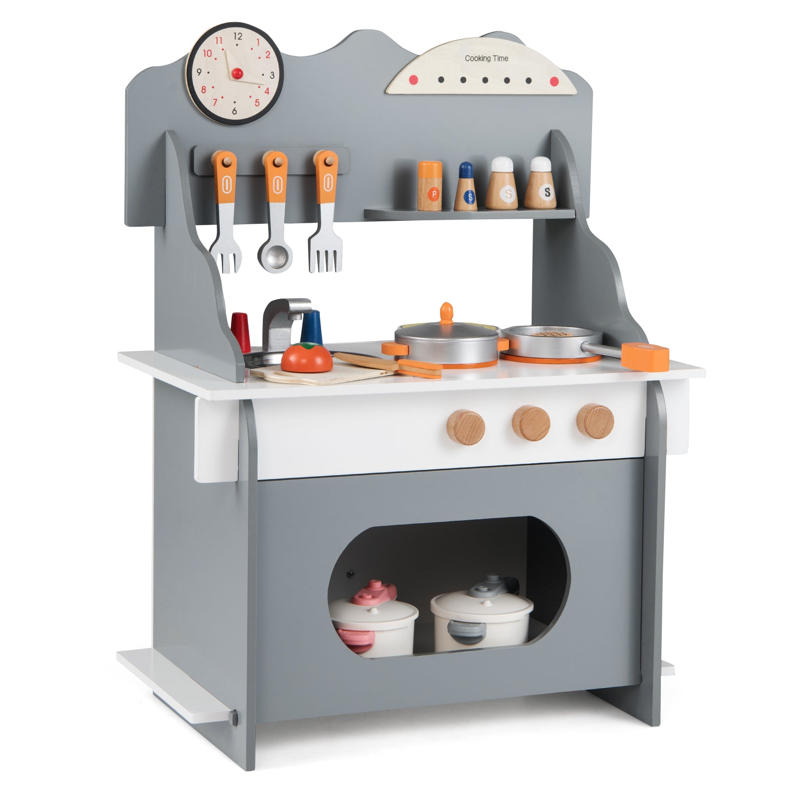 Children's toy kitchen set with various utensils and cookware on a white background