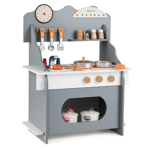 Children's toy kitchen set with various utensils and cookware on a white background