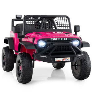 Pink toy truck with black accents on a white background
