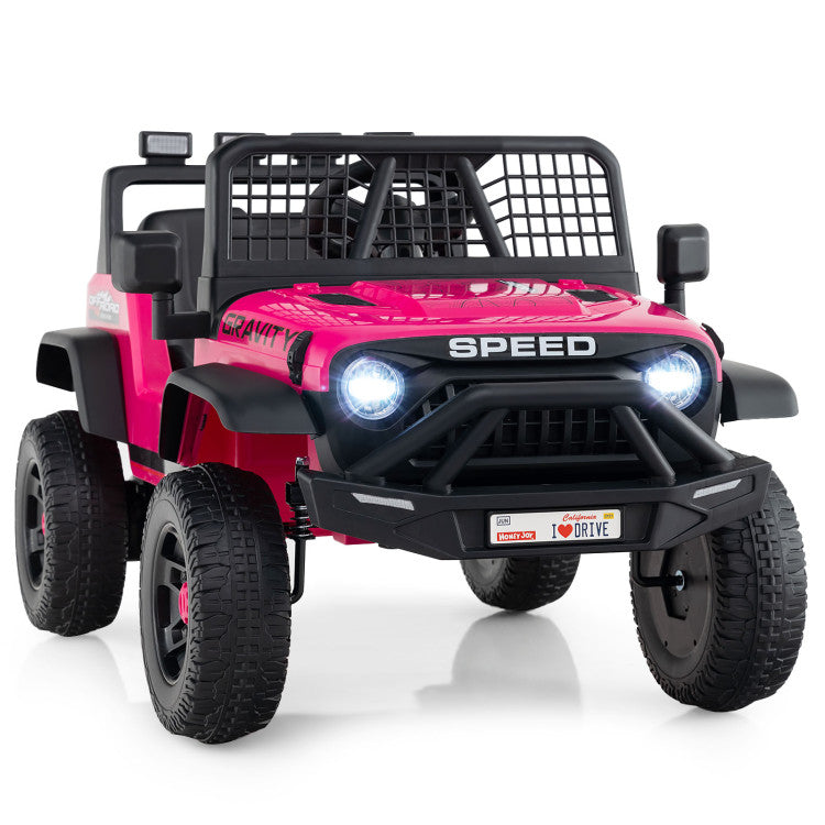 Pink toy truck with black accents on a white background
