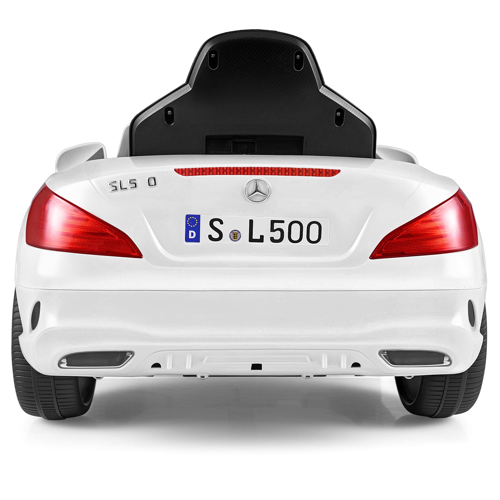 Back view of a white toy car with a Mercedes-Benz logo on a white background