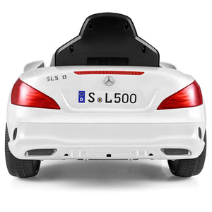 Back view of a white toy car with a Mercedes-Benz logo on a white background