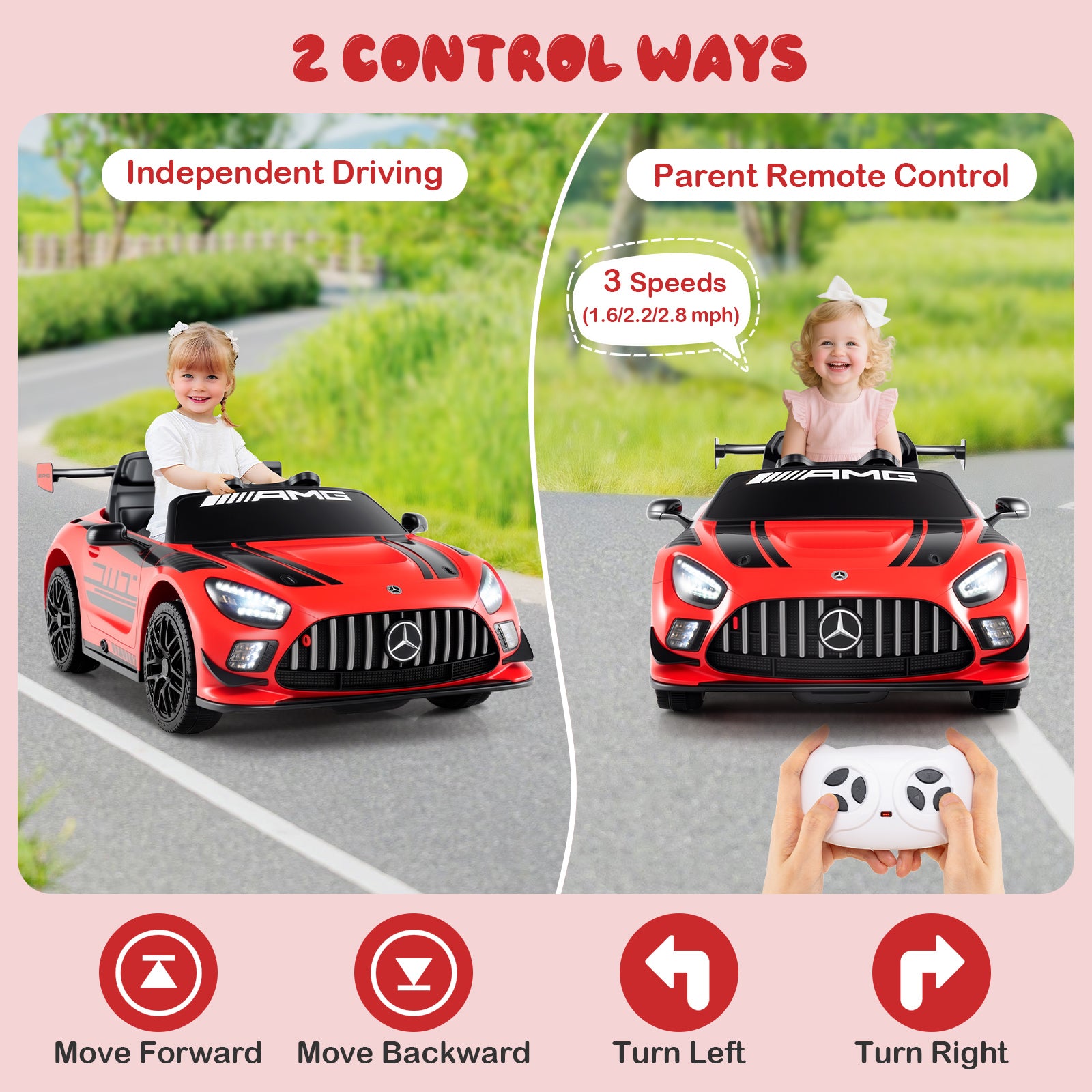 Red toy car with two control methods: independent driving and parent remote control, on a road with greenery.