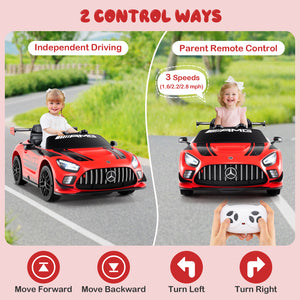Red toy car with two control methods: independent driving and parent remote control, on a road with greenery.