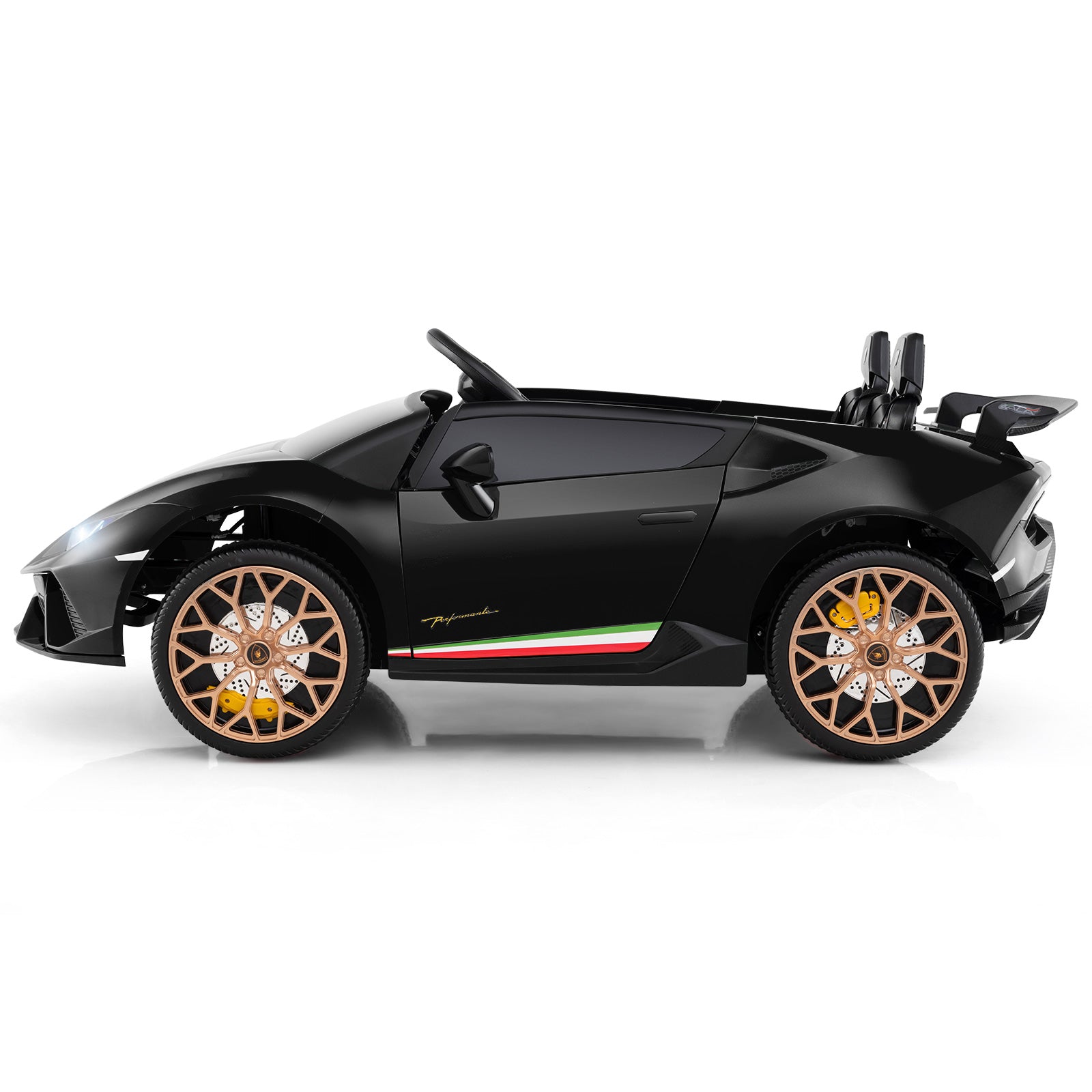 Black sports car with gold wheels on a white background