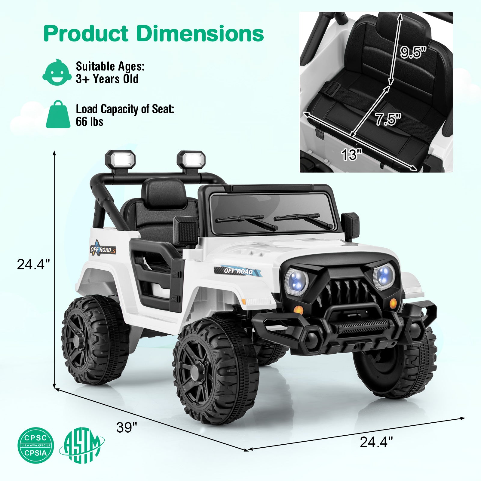 White toy off-road vehicle with dimensions and safety certifications displayed.
