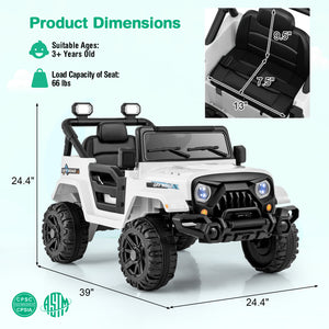 White toy off-road vehicle with dimensions and safety certifications displayed.