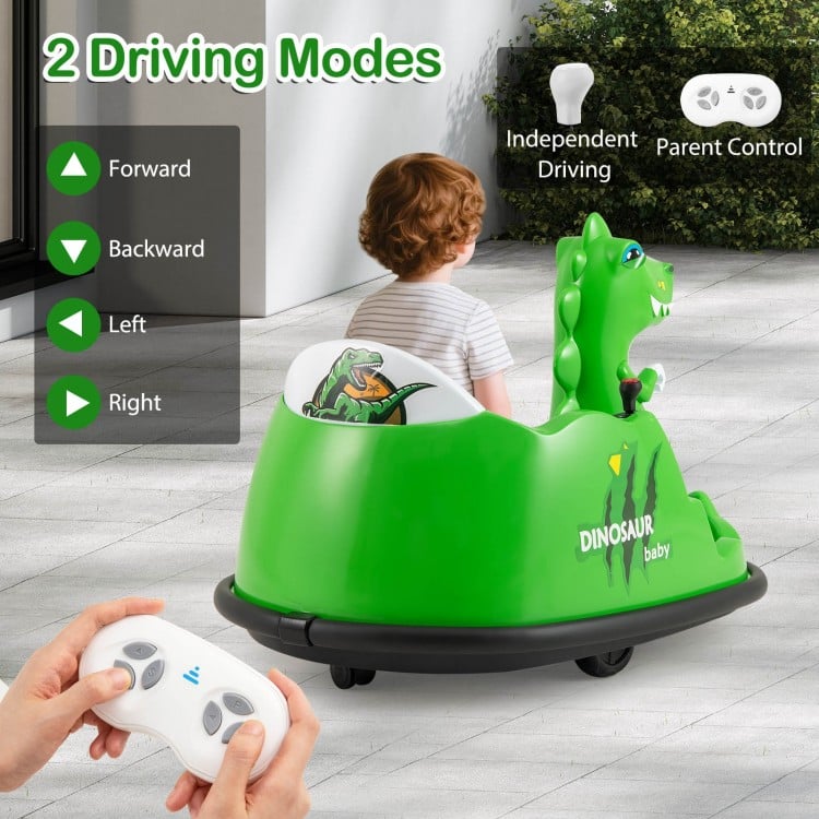 Green dinosaur-shaped baby car seat with remote control on a tiled floor.