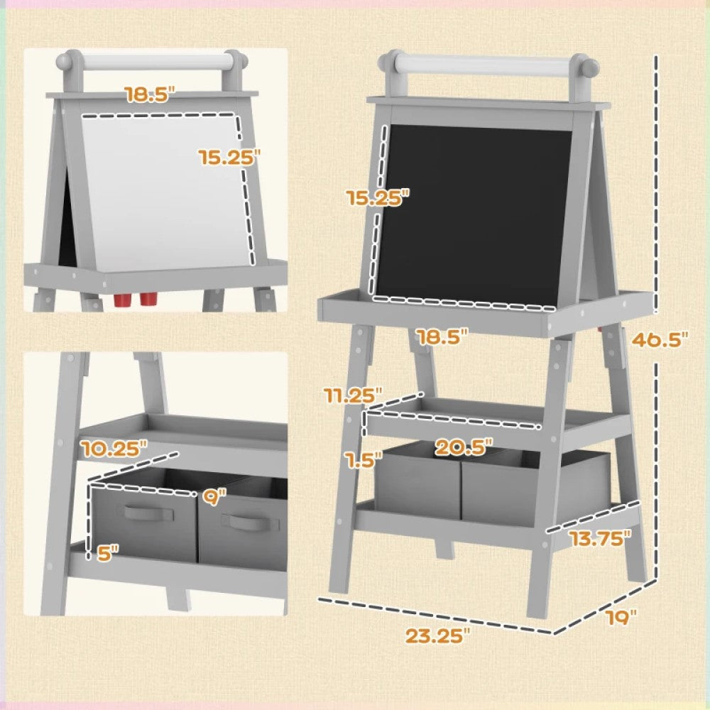 Double-Sided Kids Easel Standing Toddler Easel with Paper Roll, Magnetic Whiteboard and Chalkboard