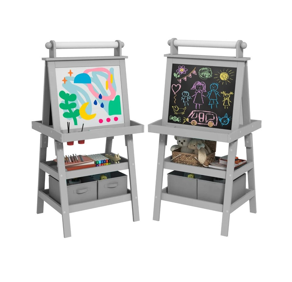 Double-Sided Kids Easel Standing Toddler Easel with Paper Roll, Magnetic Whiteboard and Chalkboard