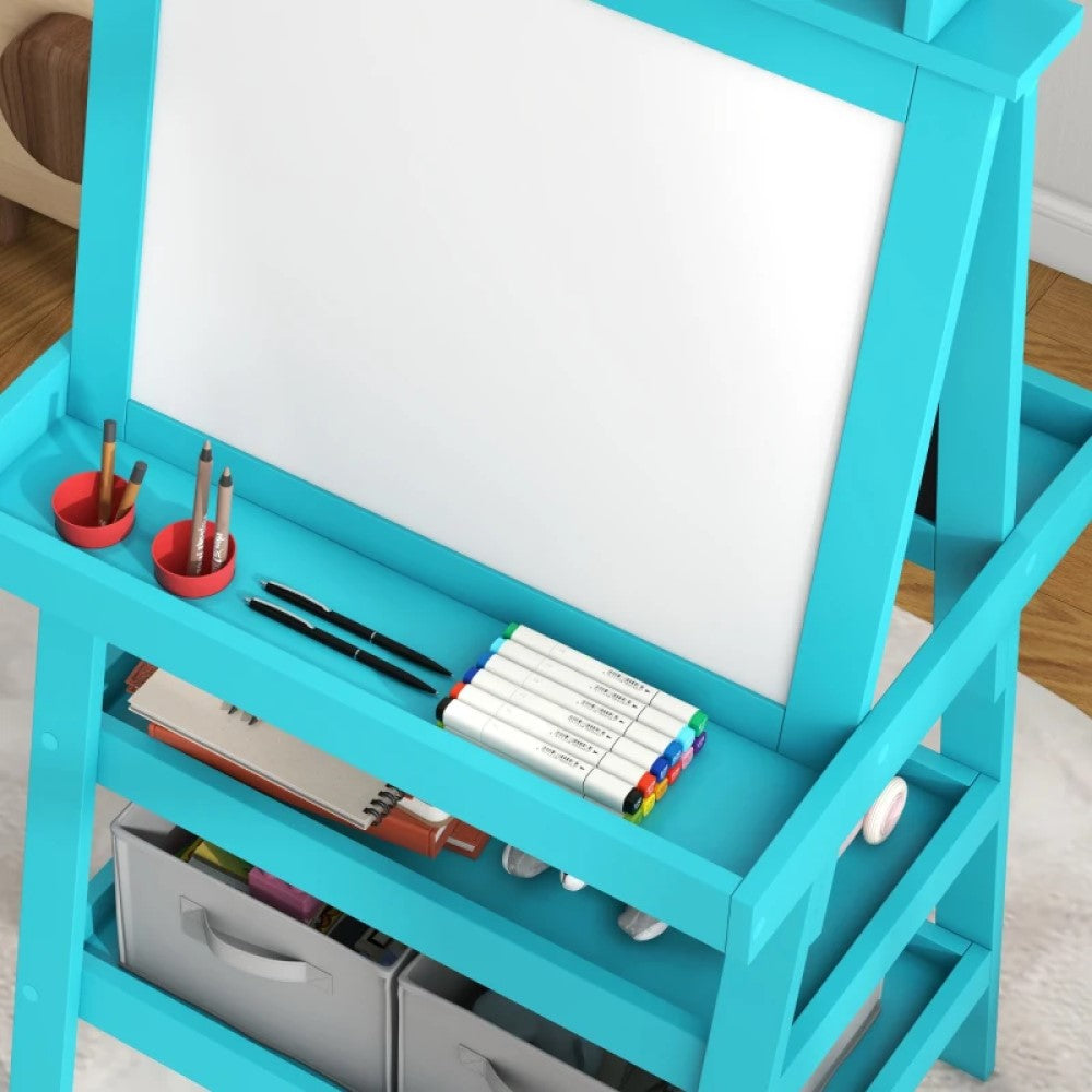 Double-Sided Kids Easel Standing Toddler Easel with Paper Roll, Magnetic Whiteboard and Chalkboard