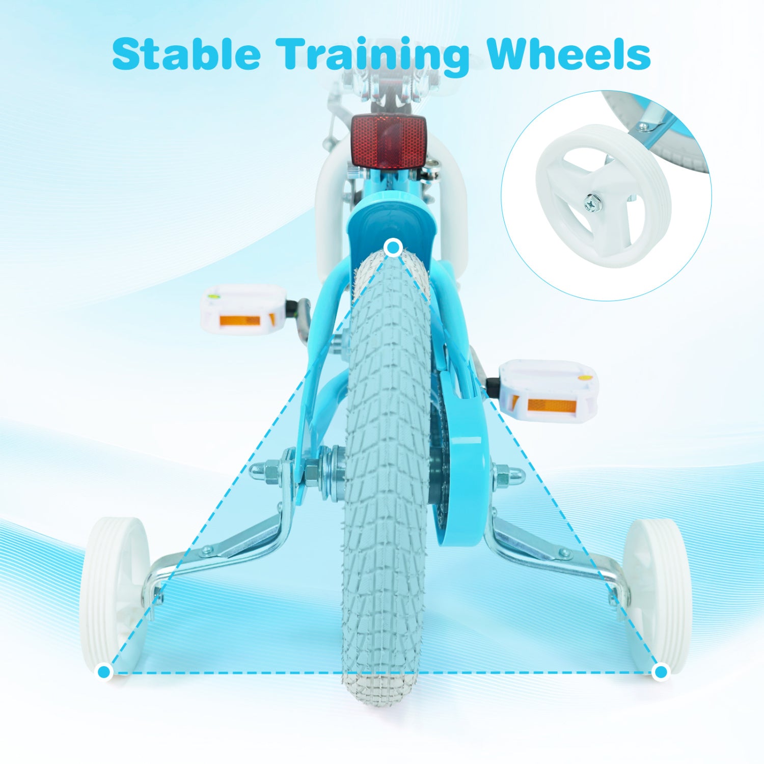 Bicycle with training wheels on a light blue background