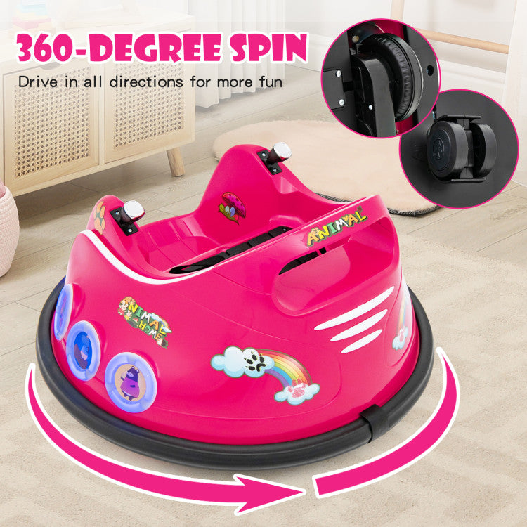 Pink children's bumper car with 360-degree spin feature on a wooden floor.