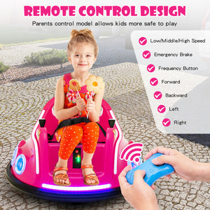 A child sits in a pink remote-controlled bumper car toy on a cobblestone surface, with a hand holding a blue remote control in the foreground. Text on the image highlights remote control features and speed options.