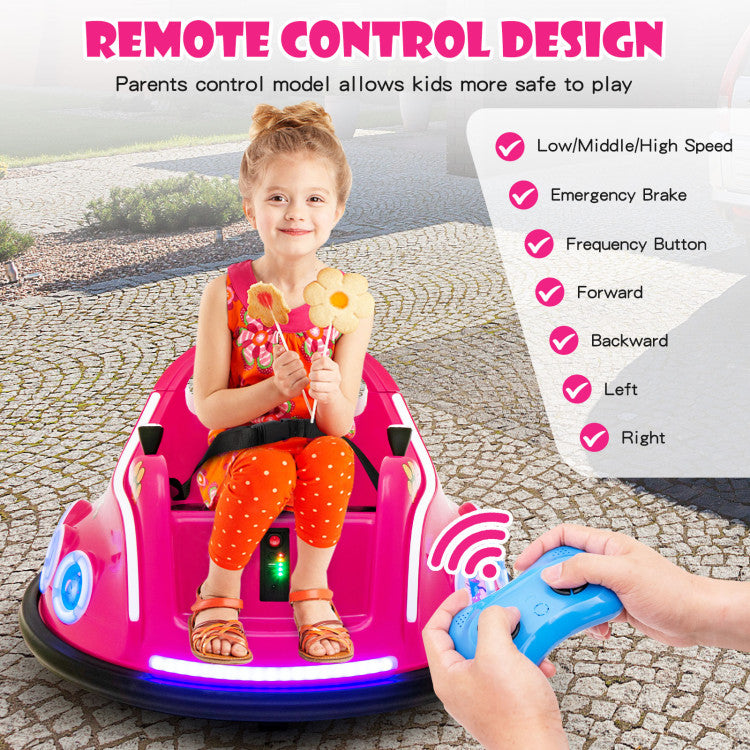 A child sits in a pink remote-controlled bumper car toy on a cobblestone surface, with a hand holding a blue remote control in the foreground. Text on the image highlights remote control features and speed options.